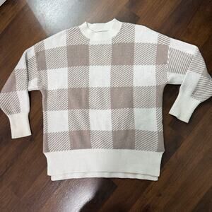 Abercrombie & Fitch Super Soft Checkered Crewneck Sweater Casual Cozy Beige Sz S